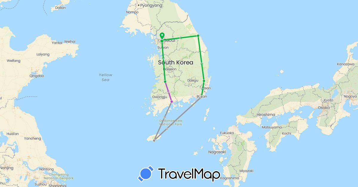 TravelMap itinerary: driving, bus, plane, train in South Korea (Asia)